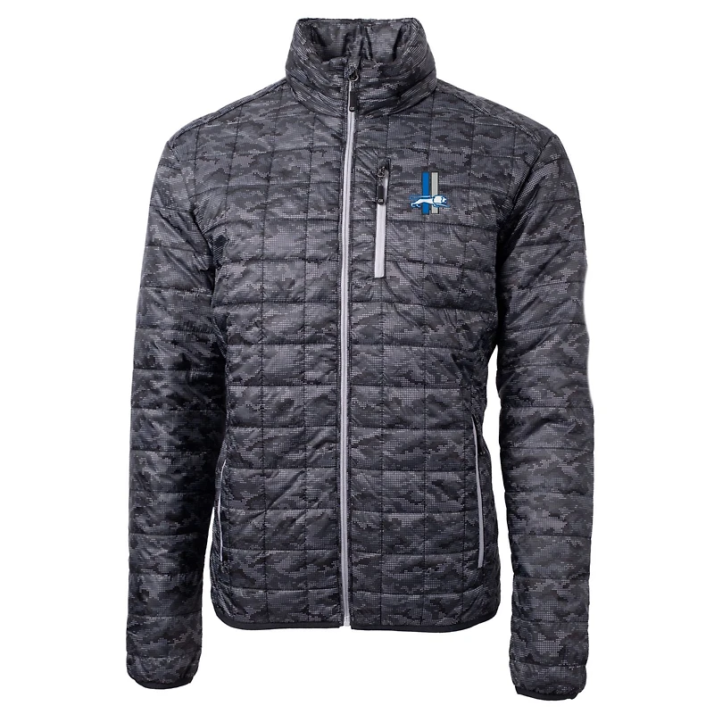 Men's Cutter & Buck Black Detroit Lions Throwback Logo Rainier Eco Insulated Full-Zip Printed Puffer Jacket