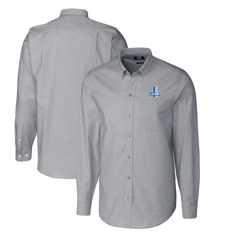 Chemise boutonnée extensible à manches longues et col boutonné pour homme, couleur anthracite, avec logo rétro des Lions de Detroit, coupe Cutter & Buck, grande taille