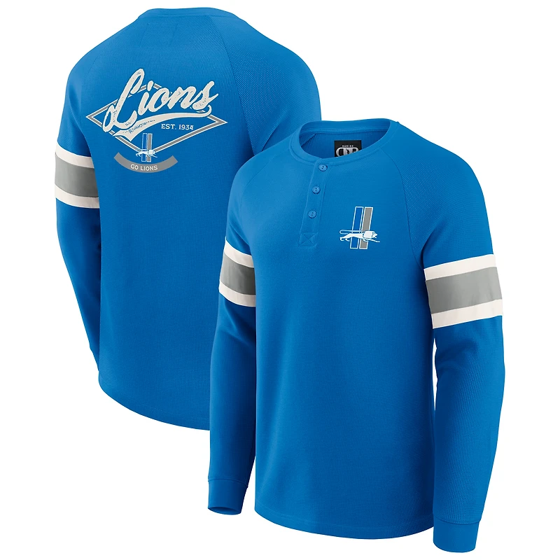 T-shirt Henley à manches longues et col raglan bleu gaufré pour homme, collection Darius Rucker par Fanatics, des Lions de Detroit