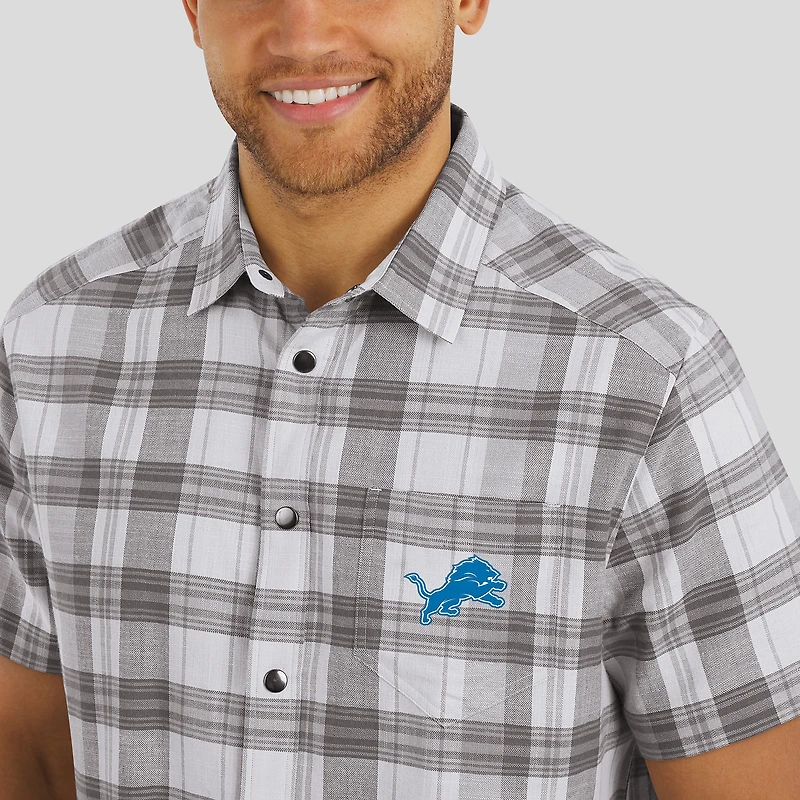Men's Darius Rucker Collection by Fanatics Gray Detroit Lions Team Plaid Short Sleeve Full-Snap Shirt