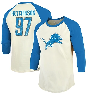 T-shirt ajusté à manches 3/4 pour hommes Majestic Threads Aidan Hutchinson crème/bleu Detroit Lions Vintage Player Name & Number