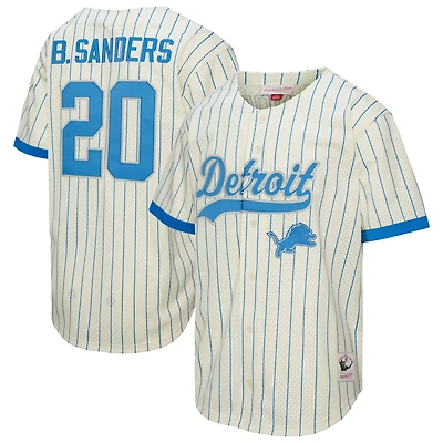 Maillot de baseball boutonné en maille crème Mitchell & Ness Barry Sanders pour homme des Lions Detroit, avec nom et numéro