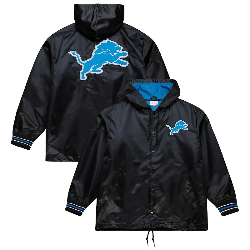 Veste à capuche entièrement boutonnée en satin noir Detroit Lions Downtown pour homme Mitchell & Ness