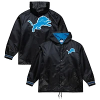 Veste à capuche entièrement boutonnée en satin noir Detroit Lions Downtown pour homme Mitchell & Ness