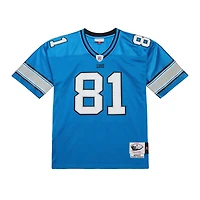 Maillot authentique rétro Mitchell & Ness Calvin Johnson bleu des Lions de Détroit 2007, porté par un joueur retraité.