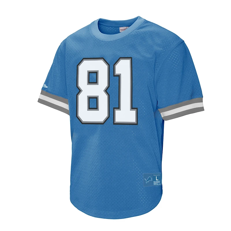 Haut en maille bleu Mitchell & Ness Calvin Johnson pour homme, joueur retraité des Lions de Detroit, nom et numéro