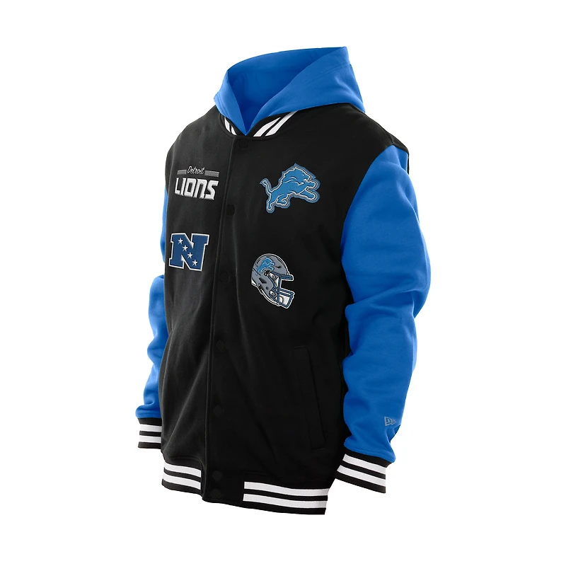 Veste à capuche en polaire boutons-pression New Era noire Detroit Lions pour homme