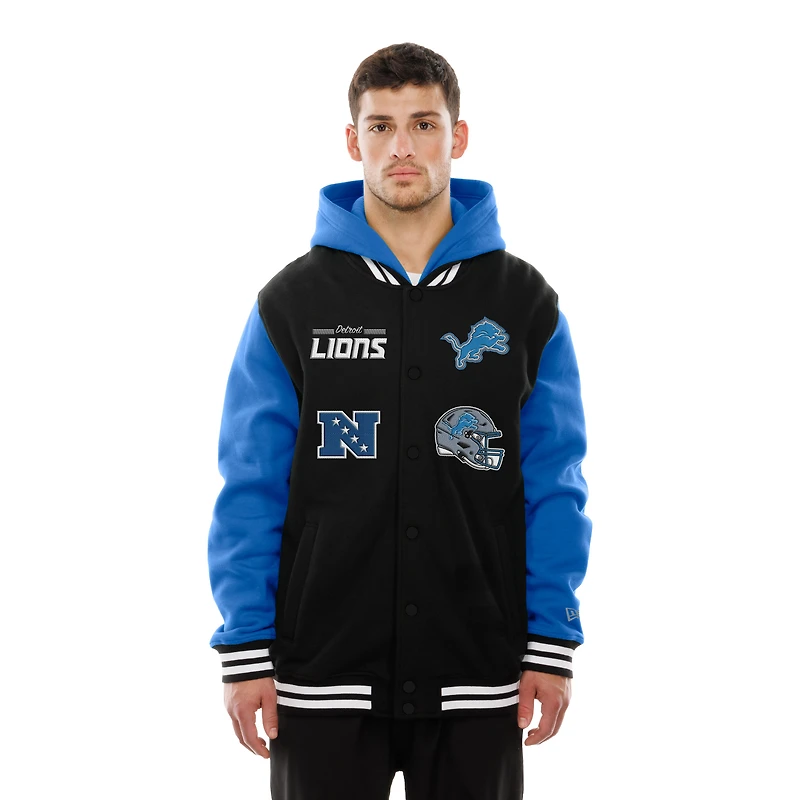 Veste à capuche en polaire boutons-pression New Era noire Detroit Lions pour homme