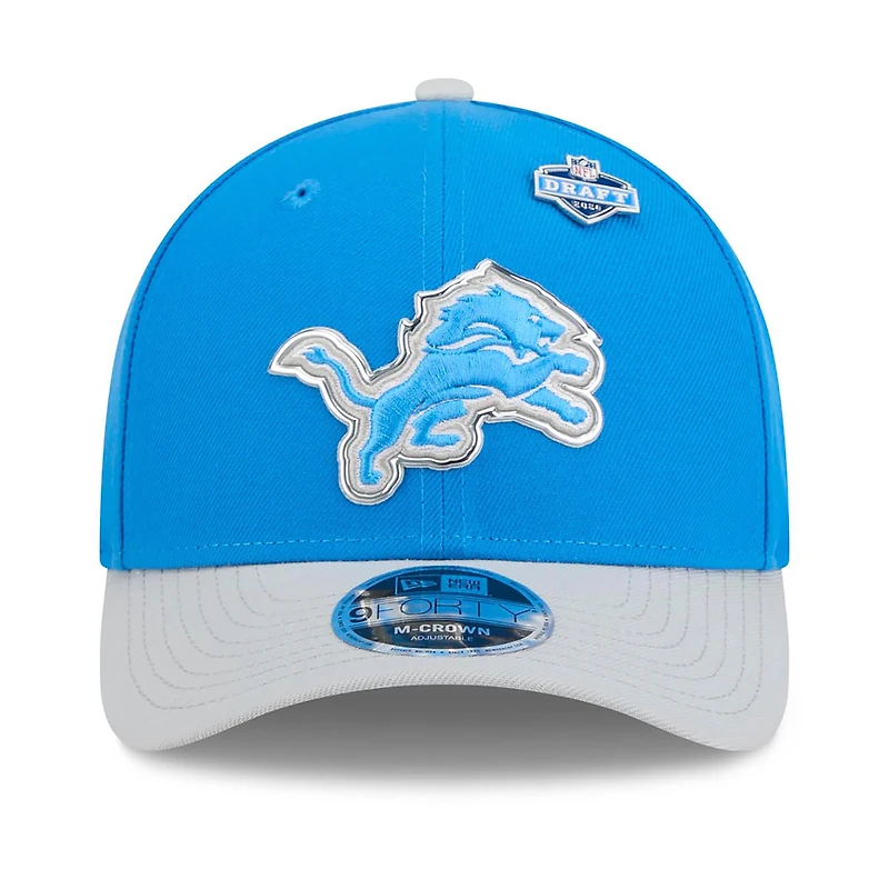 Casquette ajustable New Era bleue/argentée Detroit Lions 2026 NFL Draft 9FORTY M-Crown pour homme
