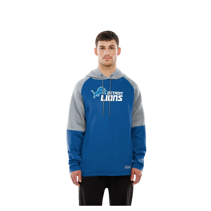 Sweat à capuche raglan bleu blocs de couleurs authentiques des Lions Detroit New Era pour homme