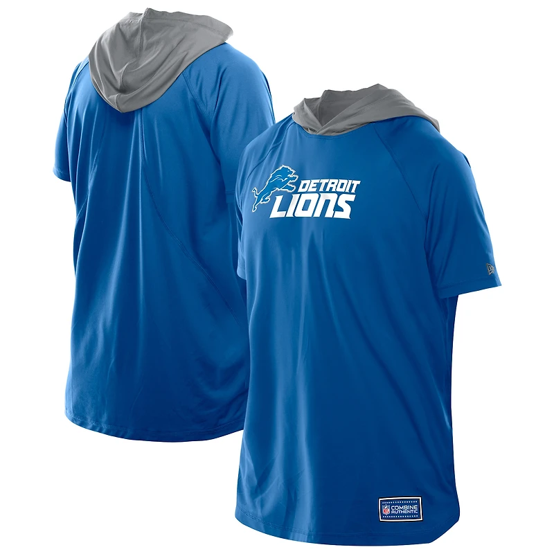 Men's New Era Blue Detroit Lions Combine Authentic Hooded Raglan Short-Sleeve T-Shirt