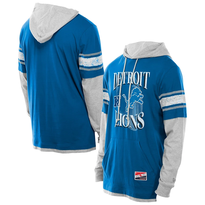 T-shirt à capuche manches longues et superpositions bleu Detroit Lions pour homme New Era