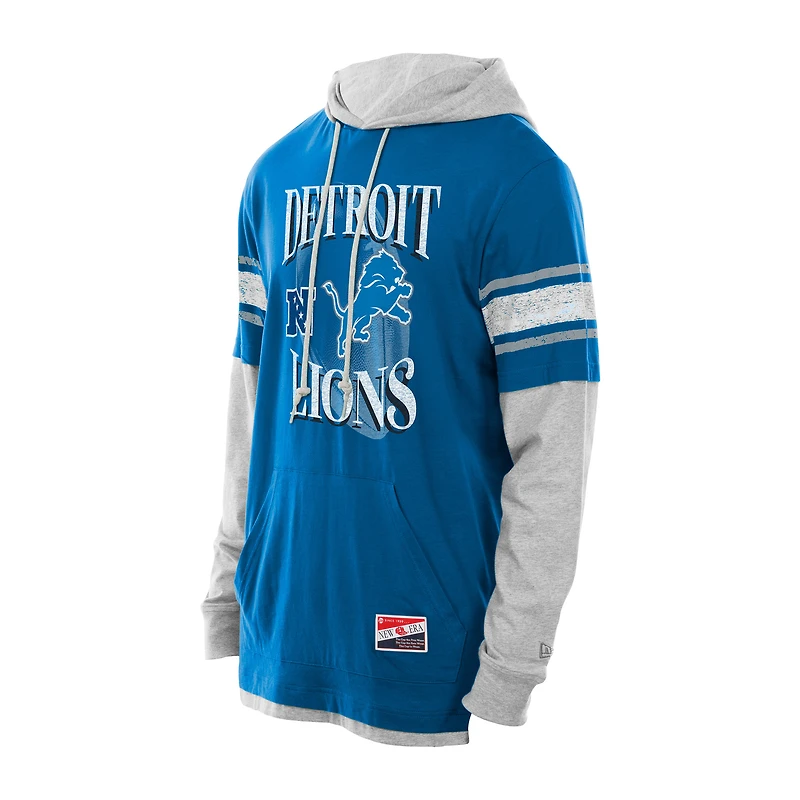 Men's New Era Blue Detroit Lions Twofer Layered Long Sleeve Hoodie T-Shirt