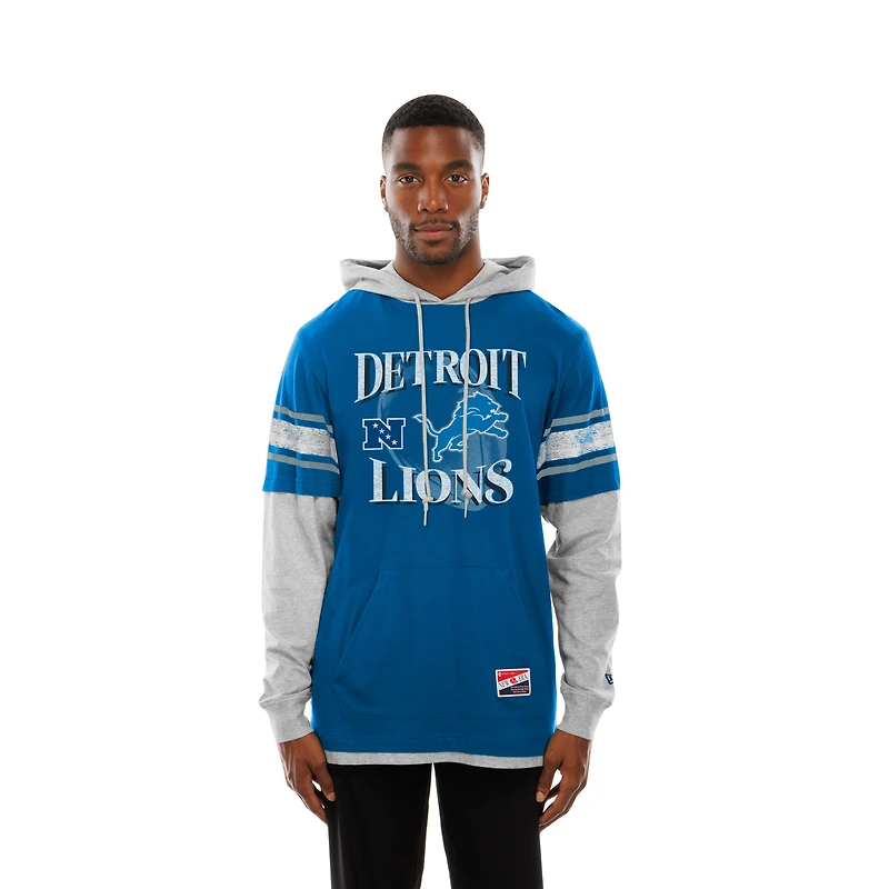 Men's New Era Blue Detroit Lions Twofer Layered Long Sleeve Hoodie T-Shirt