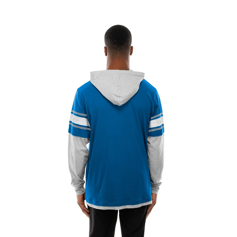 Men's New Era Blue Detroit Lions Twofer Layered Long Sleeve Hoodie T-Shirt