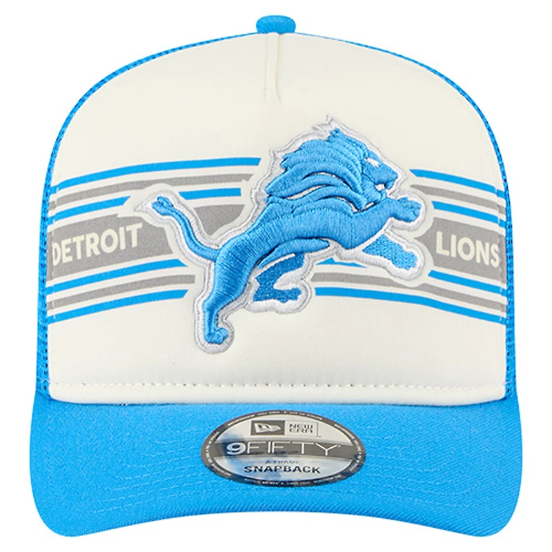 Casquette snapback A-Frame 9FIFTY Trucker pour homme, couleur crème/bleue, des Detroit Lions