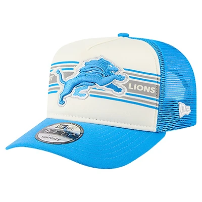 Casquette snapback A-Frame 9FIFTY Trucker pour homme, couleur crème/bleue, des Detroit Lions