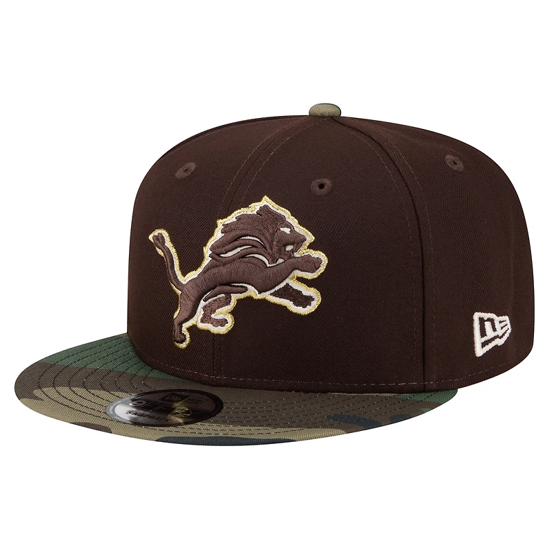 Casquette snapback New Era 9FIFTY pour homme, marron foncé, motif camouflage Detroit Lions Burnt Wood.