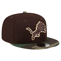 Casquette snapback New Era 9FIFTY pour homme, marron foncé, motif camouflage Detroit Lions Burnt Wood.