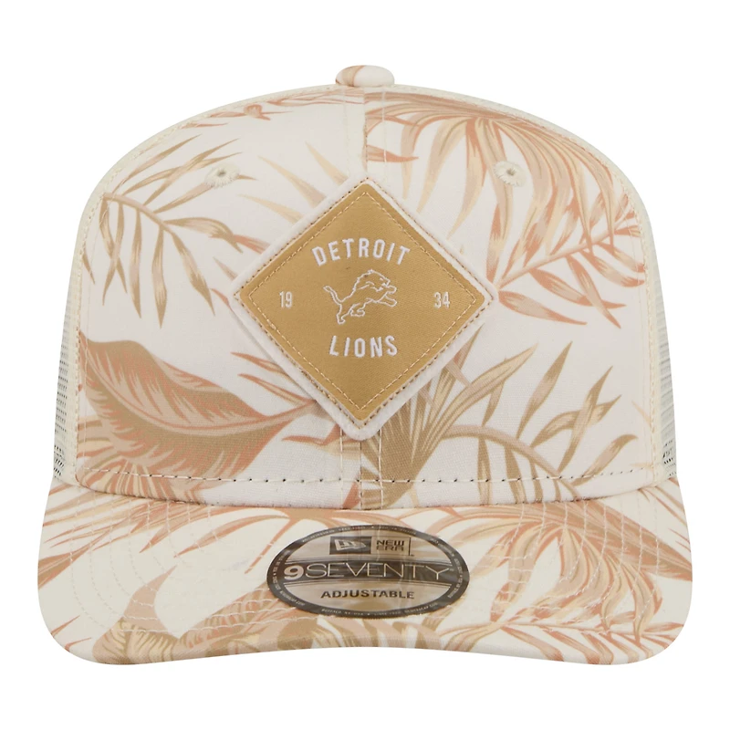 Casquette trucker ajustable New Era Detroit Lions Tonal Palm COOLERA 9SEVENTY pour homme, couleur beige.