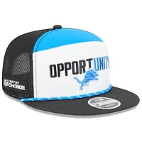 Casquette snapback New Era Detroit Lions 2025 Inspire Change pour homme, blanche et noire, modèle 9FIFTY à panneaux séparés.