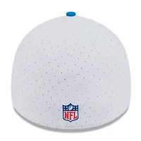 Casquette New Era 39THIRTY Flex blanche/bleue pour homme, logo rétro du camp d'entraînement NFL 2025 des Lions de Detroit