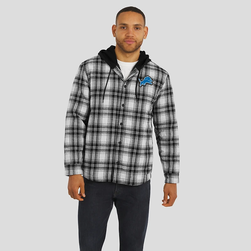 Men's NFL x Darius Rucker Collection by Fanatics Black Detroit Lions Plaid Flannel Quilted Full-Snap Hooded Shacket