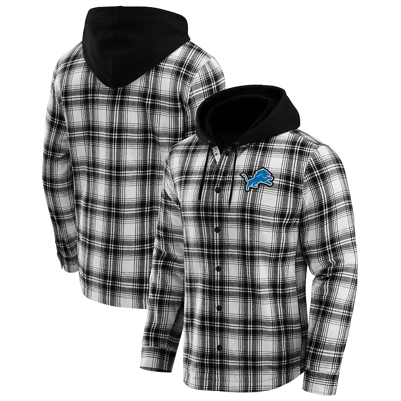 Men's NFL x Darius Rucker Collection by Fanatics Black Detroit Lions Plaid Flannel Quilted Full-Snap Hooded Shacket