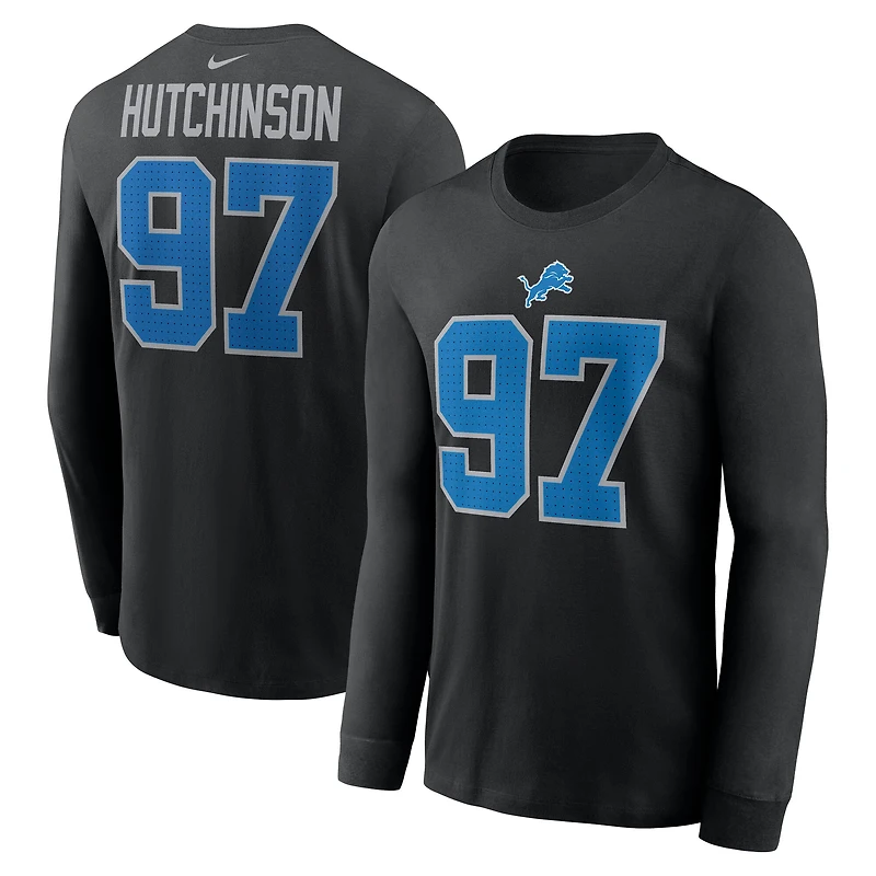 T-shirt à manches longues Nike Aidan Hutchinson noir des Lions de Détroit pour homme, avec nom et numéro