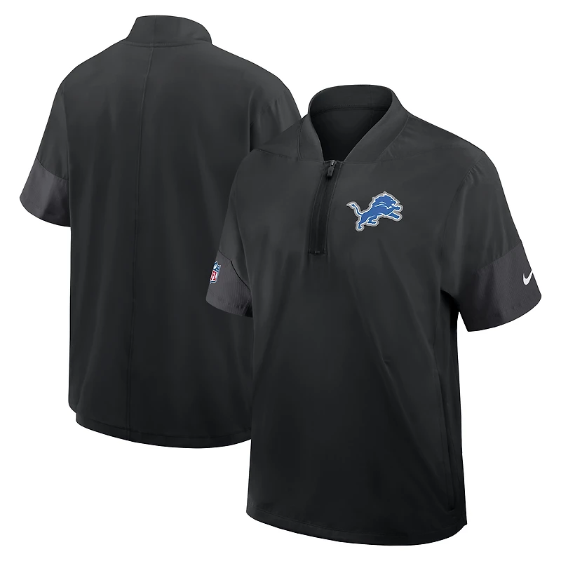 Veste d'entraîneur Nike Detroit Lions Sideline noire pour homme, manches courtes, fermeture éclair au quart, technologie Dri-FIT