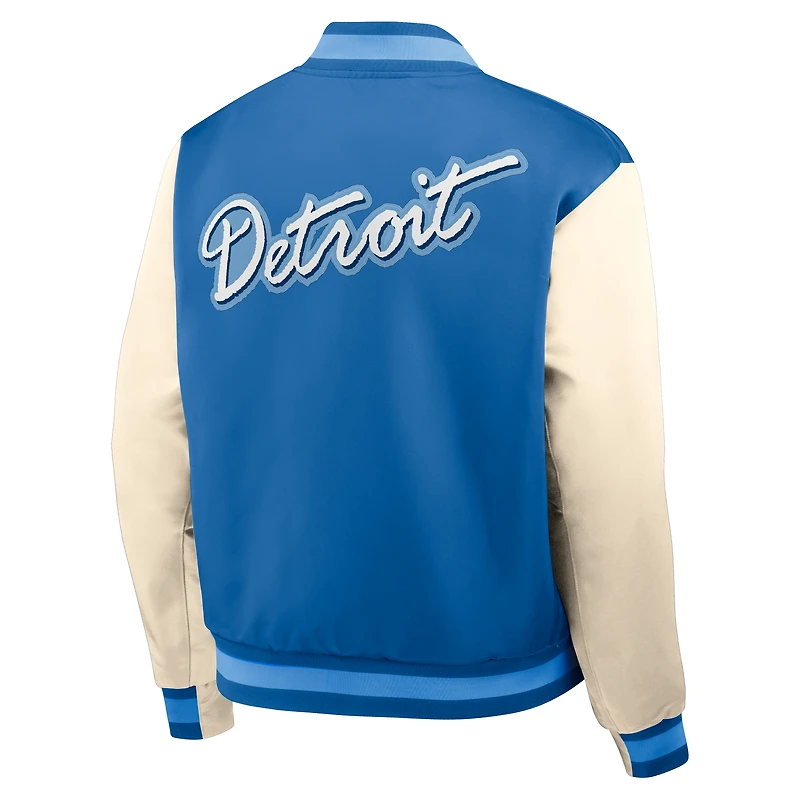 Blouson aviateur Nike bleu/crème Detroit Lions Rewind Legacy à boutons-pression pour homme