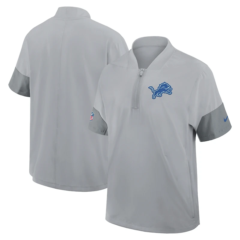 Veste d'entraîneur Nike Detroit Lions Sideline grise pour homme, manches courtes, fermeture éclair au quart, technologie Dri-FIT