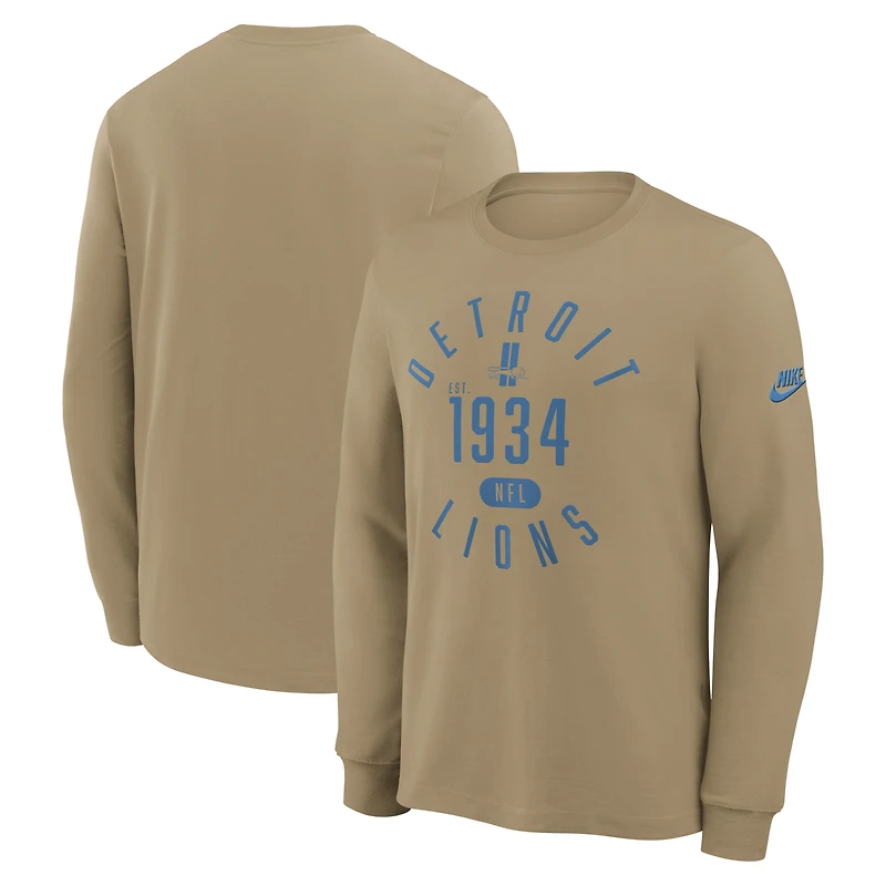 T-shirt à manches longues Nike Detroit Lions Blitz Package Rewind Slub Dri-FIT pour homme, couleur beige.