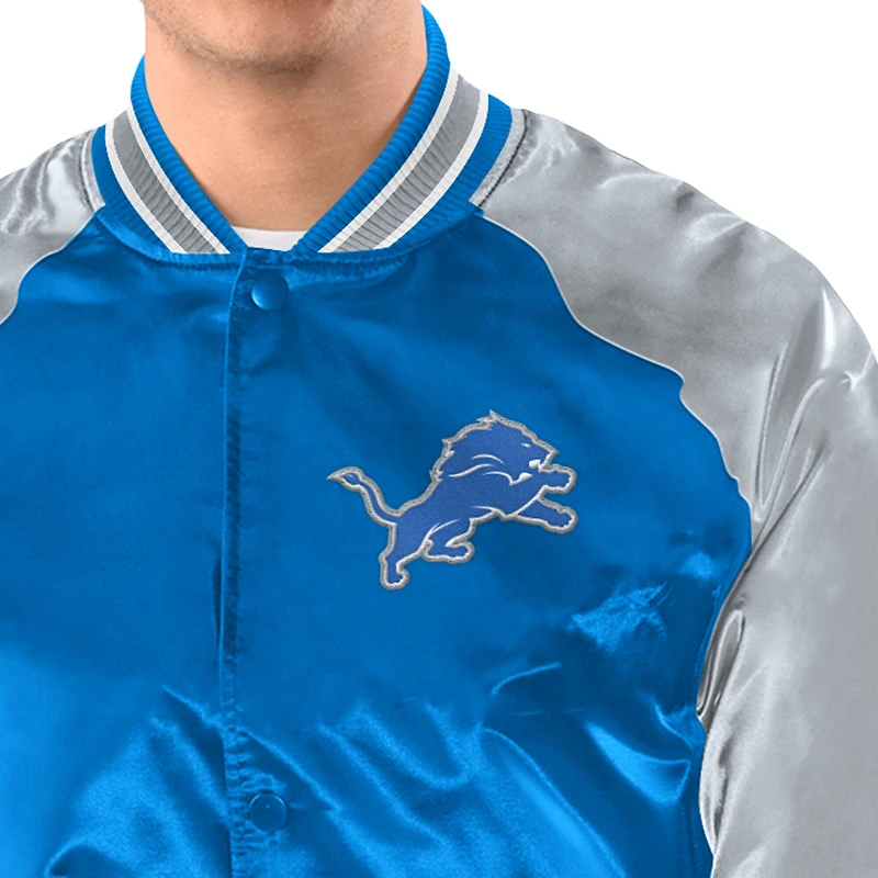 Veste universitaire raglan à boutons-pression Starter bleue et argentée pour homme, modèle Detroit Lions Intronisé.