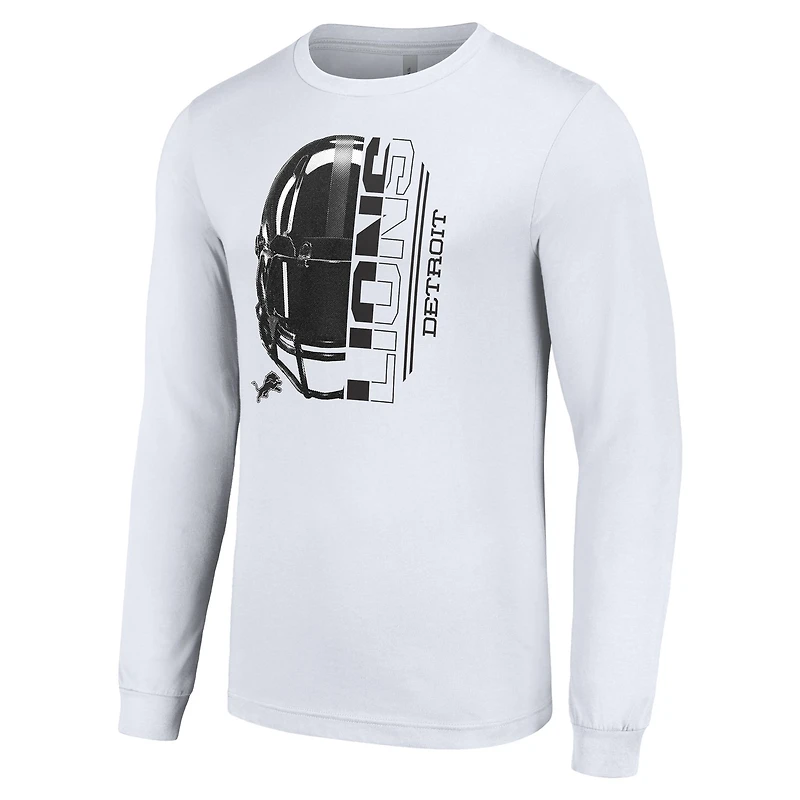 T-shirt à manches longues blanc pour homme avec logo demi-casque des Lions de Detroit