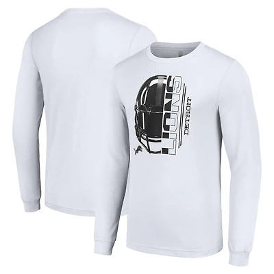 T-shirt à manches longues blanc pour homme avec logo demi-casque des Lions de Detroit