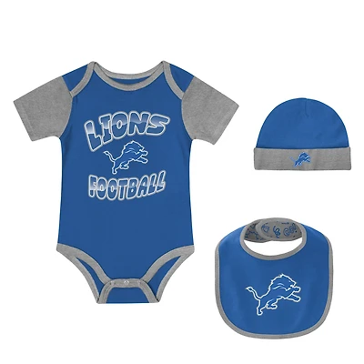Newborn Outerstuff Detroit Lions Tag Team Bodysuit, Bib & Cuffed Knit Hat Set