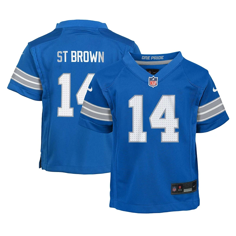 Maillot de jeu joueur des Lions Detroit Nike Amon-Ra St. Brown Blue pour enfants d'âge préscolaire