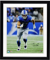 Sam LaPorta Detroit Lions Autographed 16" x 20" Running Route in Blue Jersey Photograph