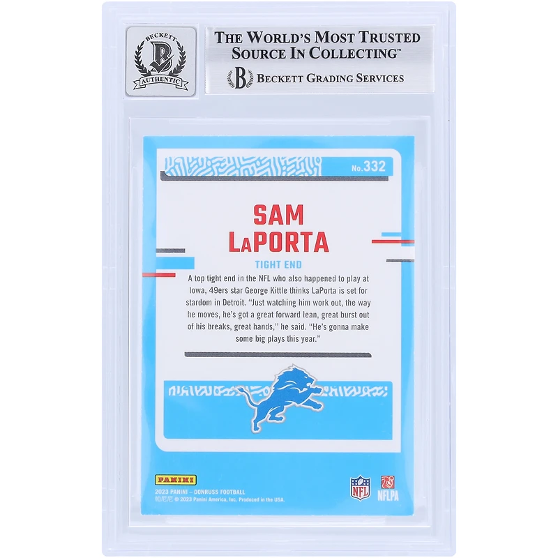 Sam LaPorta Detroit Lions Autographed 2023 Panini Donruss #332 Beckett Fanatics Witnessed Authenticated 10 Rookie Card