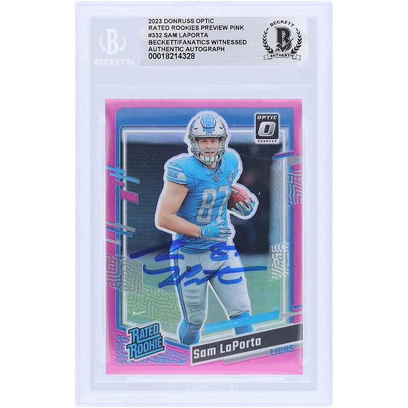 Sam LaPorta Detroit Lions Autographed 2023 Panini Donruss Optic Preview Pink #332 Beckett Fanatics Witnessed Authenticated Rookie Card