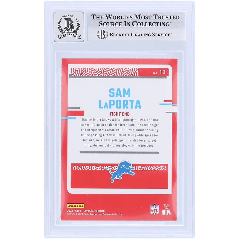 Sam LaPorta Detroit Lions Autographed 2023 Panini Donruss The Rookies #12 Beckett Fanatics Witnessed Authenticated 10 Rookie Card