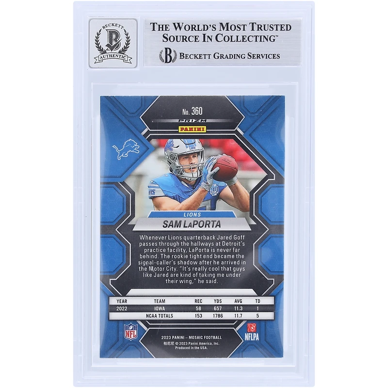 Sam LaPorta Detroit Lions Autographié 2023 Panini Mosaic Green #360 Beckett Fanatics Witnessed Authenticated 9/10 Rookie Card