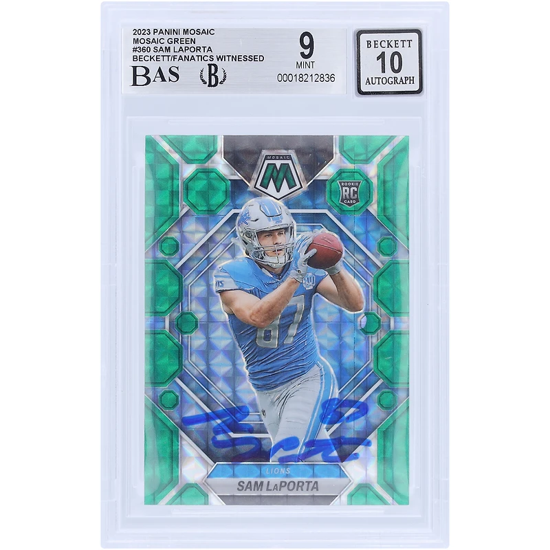 Sam LaPorta Detroit Lions Autographié 2023 Panini Mosaic Green #360 Beckett Fanatics Witnessed Authenticated 9/10 Rookie Card