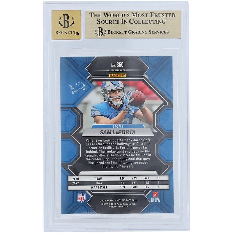 Carte de recrue Panini Mosaic #360 autographiée 2023 des Detroit Lions de Sam LaPorta, Beckett Fanatics Witnessed Authenticated 9.5/10