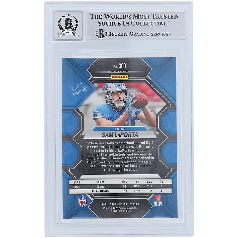 Sam LaPorta Detroit Lions Autographed 2023 Panini Mosaic Silver Prizm #360 Beckett Fanatics Witnessed Authenticated 9/10 Rookie Card
