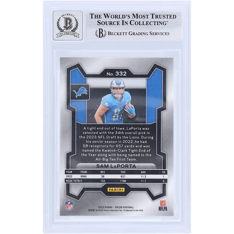 Carte de recrue 9/10 authentifiée signée Sam LaPorta des Detroit Lions, Panini Prizm n° 332, 2023, présentée par les fans de Beckett