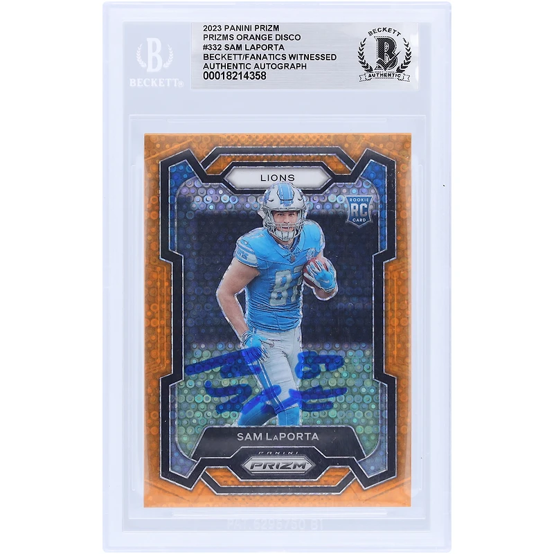 Sam LaPorta Detroit Lions Autographed 2023 Panini Prizm Orange Disco Prizm #332 Beckett Fanatics Witnessed Authenticated Rookie Card