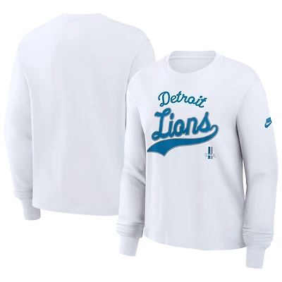 T-shirt Nike blanc à manches longues et coupe carrée pour femme Detroit Lions Essential