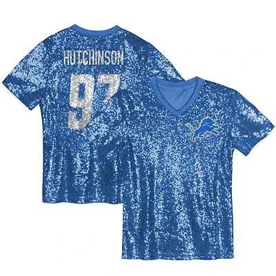 Maillot à col en V bleu pour femme Aidan Hutchinson avec nom et numéro de joueur des Lions Detroit